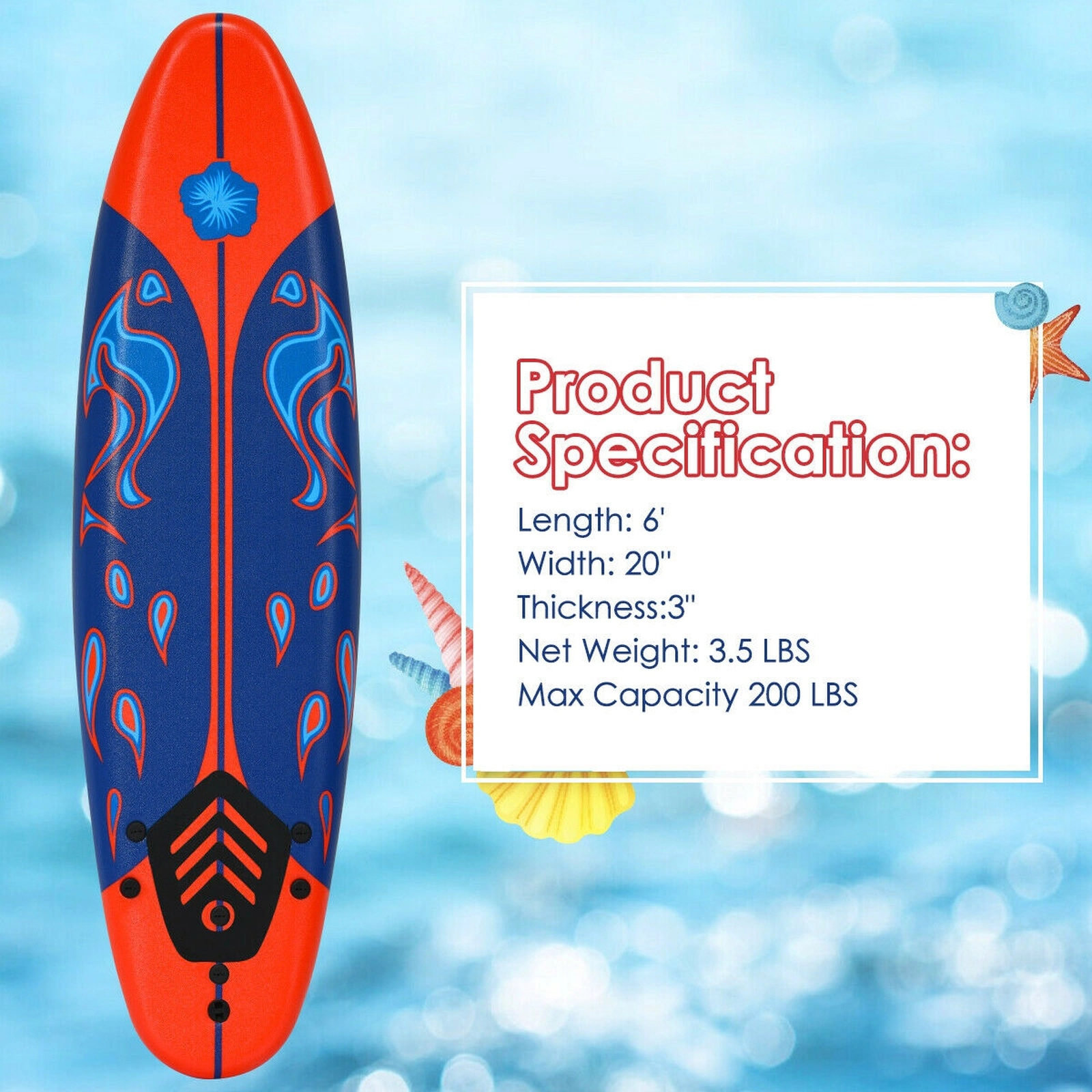 SUGIFT 6-ft 200-lb Capacity Slick Bottom Soft Top Foam Surfboard with 3 Detachable Fins Leash and Traction Pad