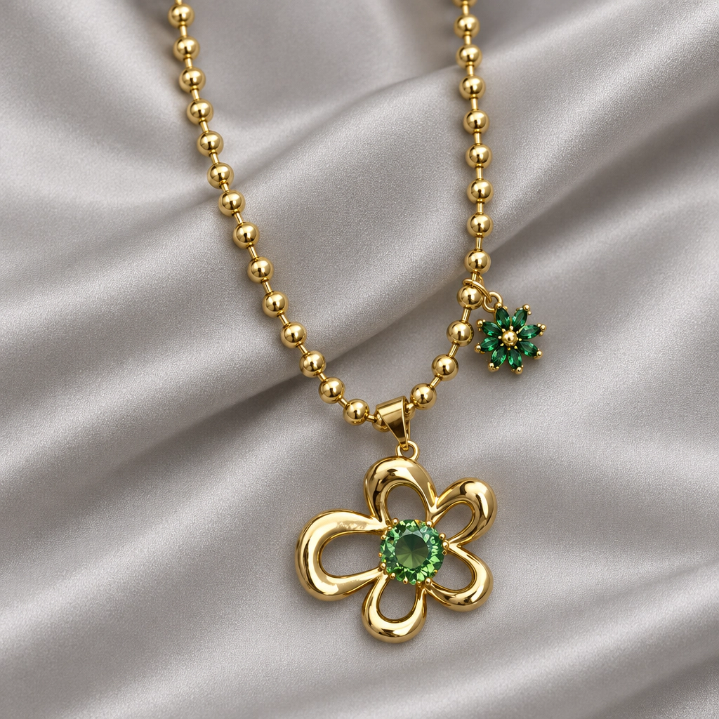 DressAtR Women’s Green Flower 18K Gold Plated Necklace