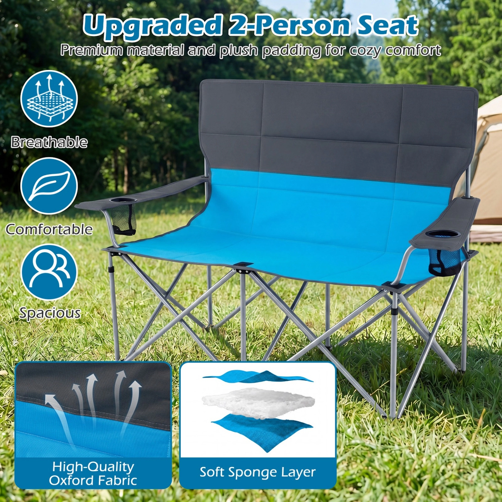 SUGIFT Blue 2-Person Camping Chair with Cup Holders and Carry Bag 40-in W 20.5-in D 36.5-in H 660-lb Seat Capacity