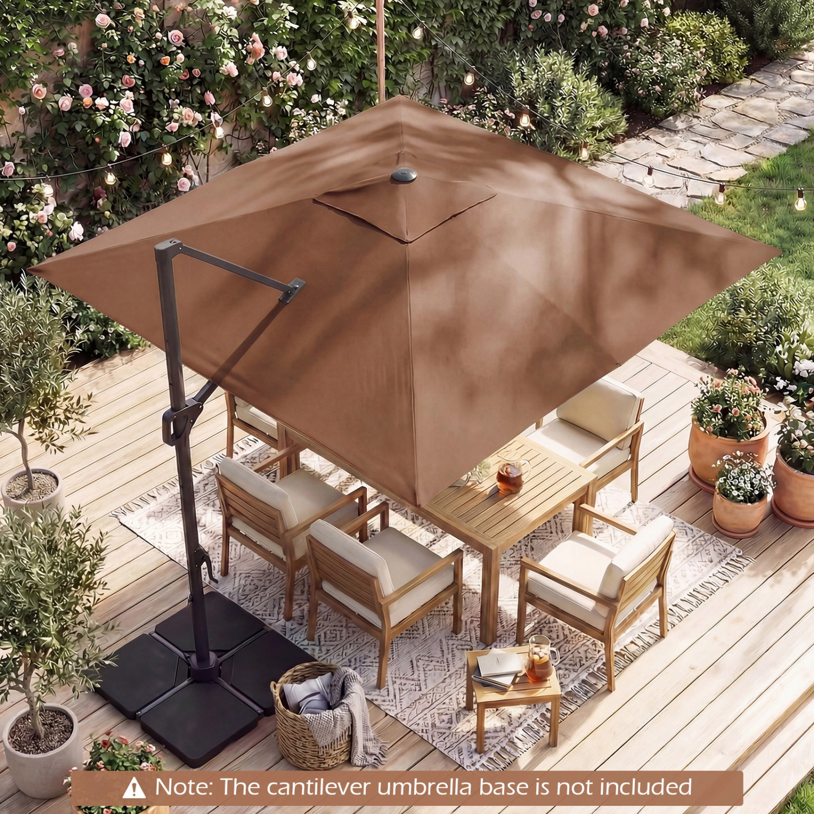 SUGIFT 10-Ft Tan Offset Cantilever Patio Umbrella with Solar LED Lights, Crank Lift and Vented 2-Tier Canopy