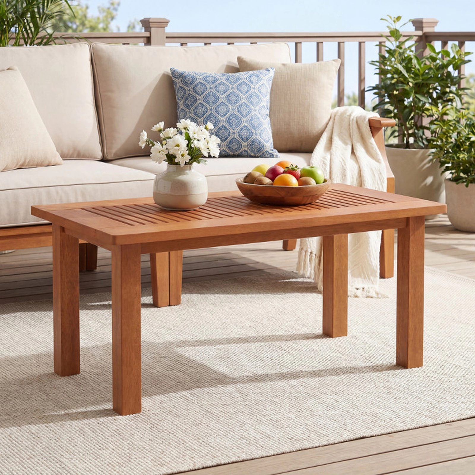 SUGIFT 35.5-in Outdoor Modern Rectangular Hardwood Coffee Table with Slatted Top 130-lb Capacity Rustic Brown 1-Piece