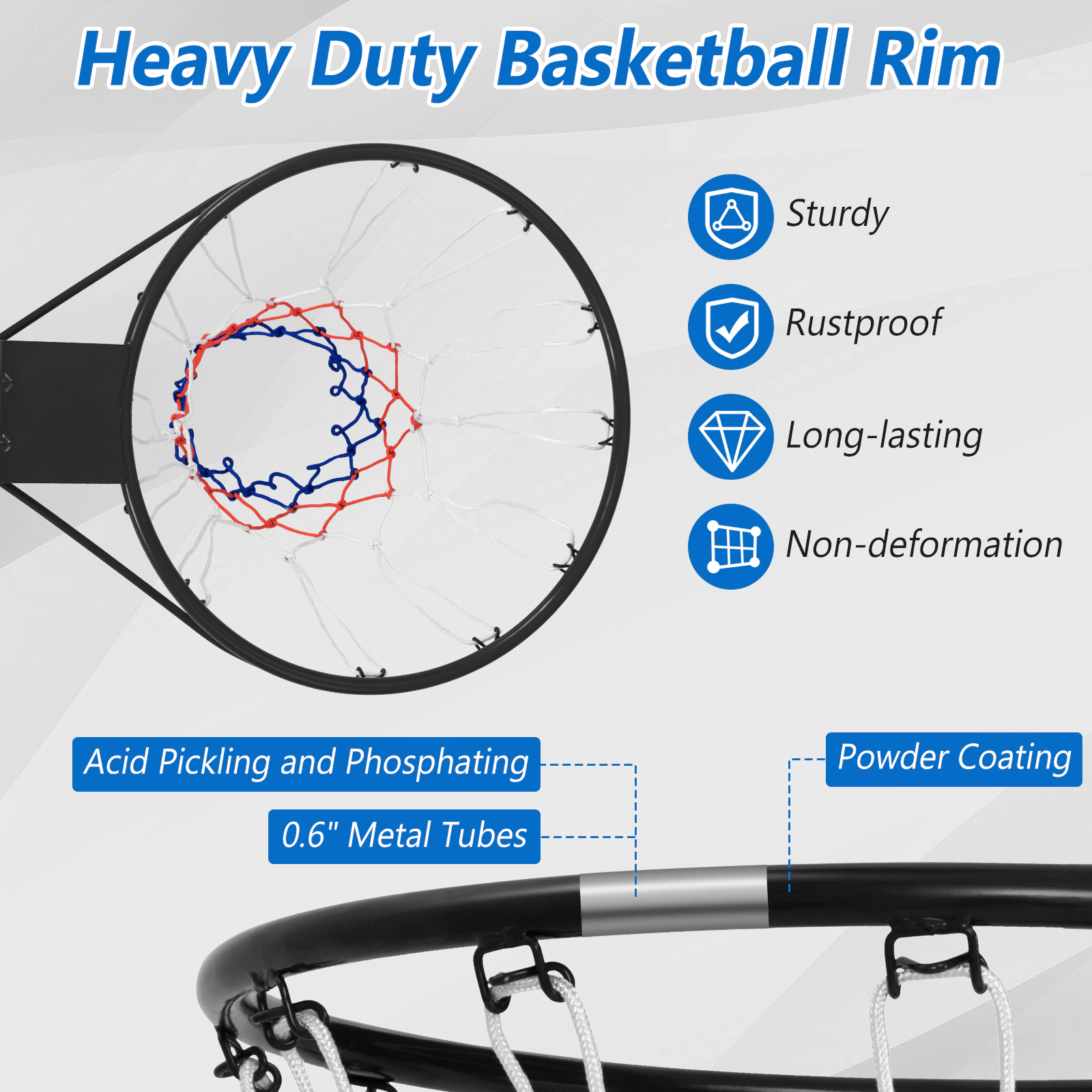 SUGIFT Black 15-in Basketball Rim Goal Replacement with All Weather Net and Mounting Hardware 19.5-in W 16-in D