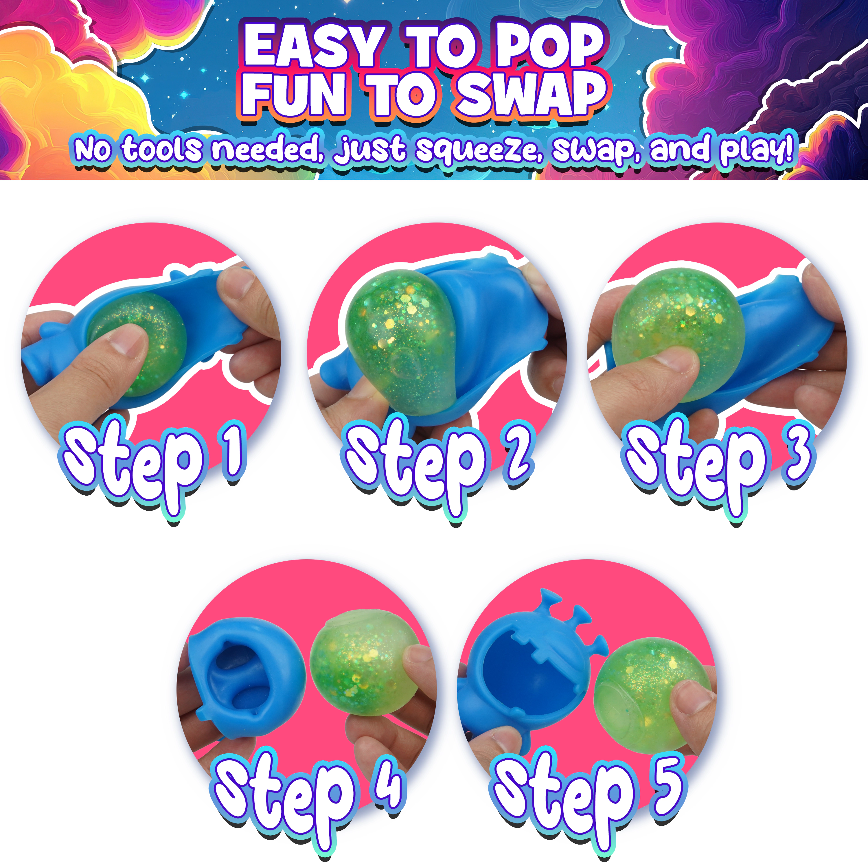 Power Your Fun Glitter Gobblers Squishy 6 pack Fidget Toys for Kids