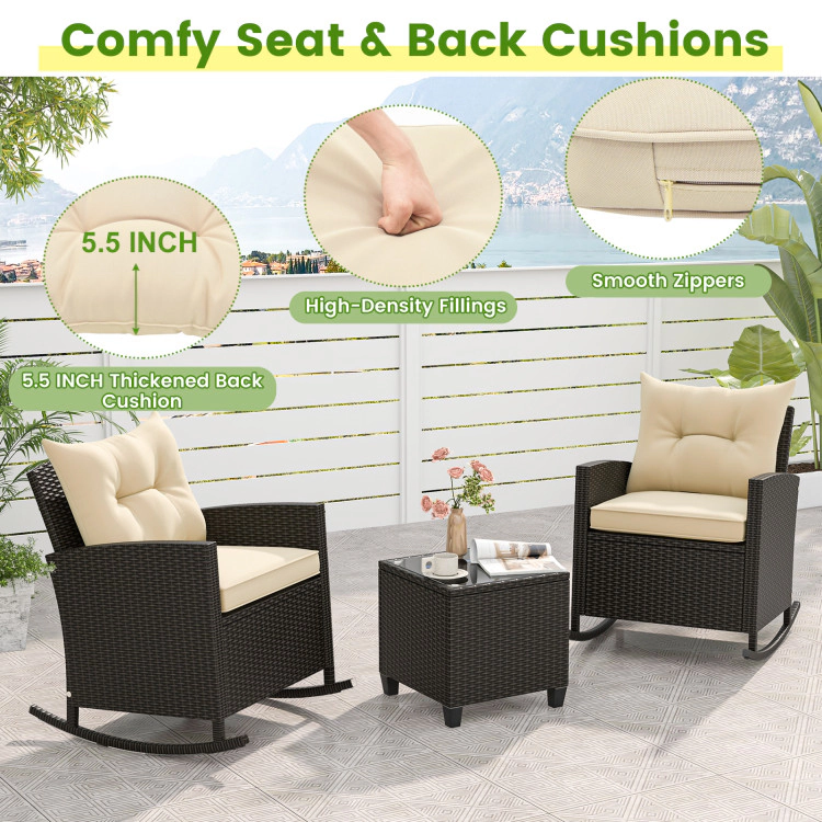 Hivvago 3-Piece Patio Rattan Roker Chairs With Tempered Glass Table And Soft Cushions