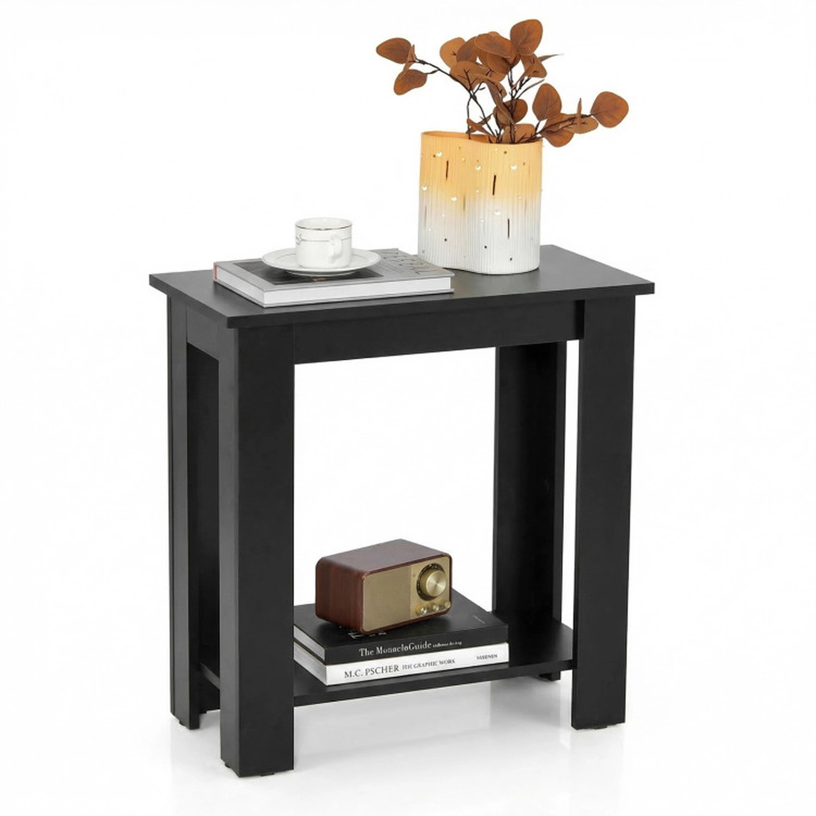 SUGIFT 23.5 in End Table Black 2-Tier Compact Side Table with Storage Shelf