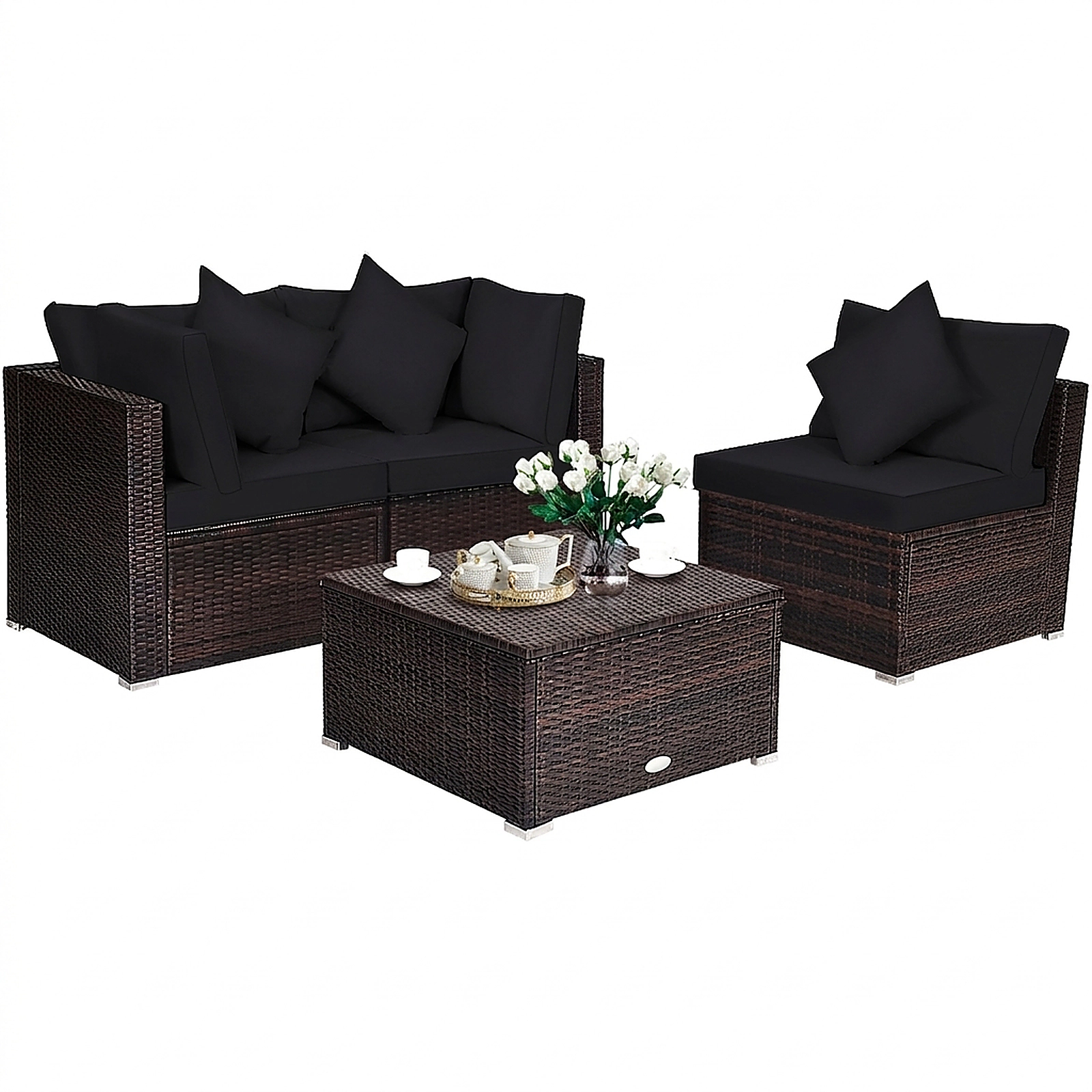 SUGIFT 4-Piece Black Wicker Patio Sectional, L-Shaped Corner Sofas and 4-Inch Cushioned Ottoman