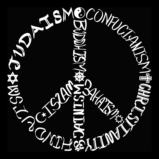 LA Pop Art Men's Cotton/Poly Blend Word Art T-Shirt - Different Faiths Peace Sign