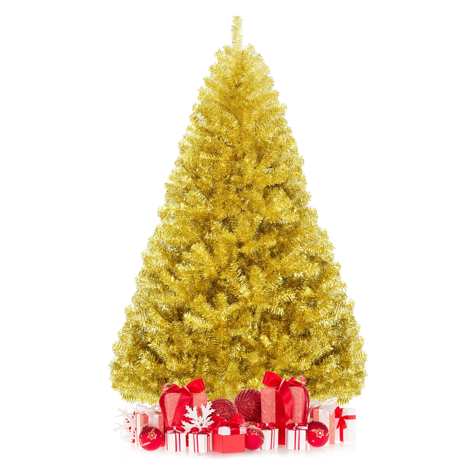 SUGIFT 6 ft Champagne Gold Tinsel Christmas Tree Hinged Artificial Tree with Foldable Stand
