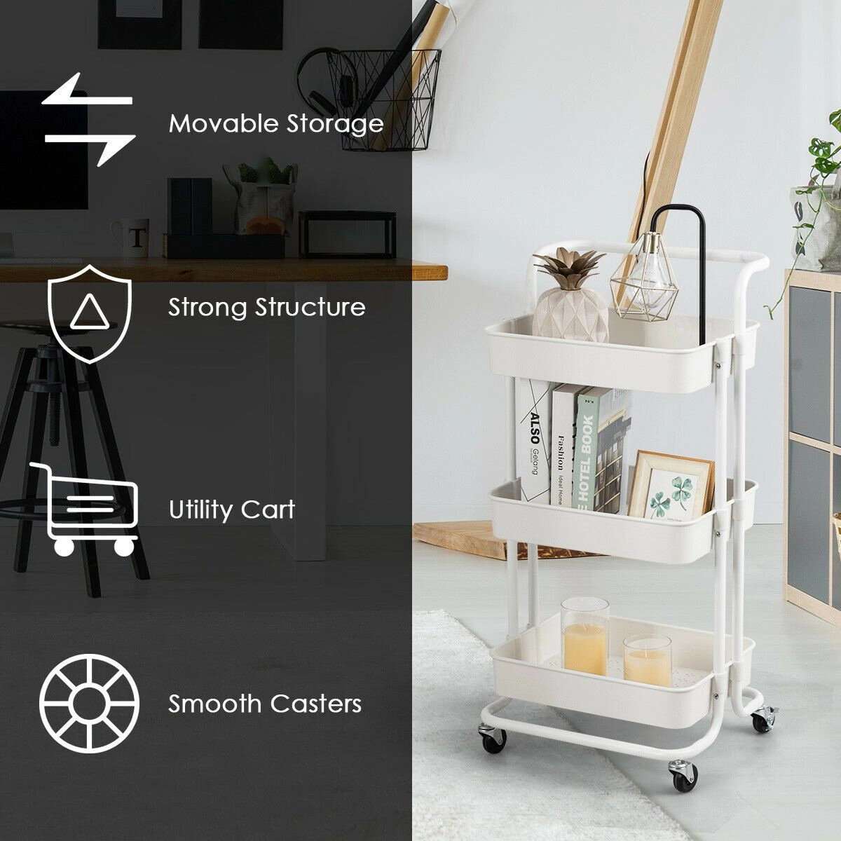 SlickBlue 3-Tier Metal Storage Cart with Locking Caster Wheels