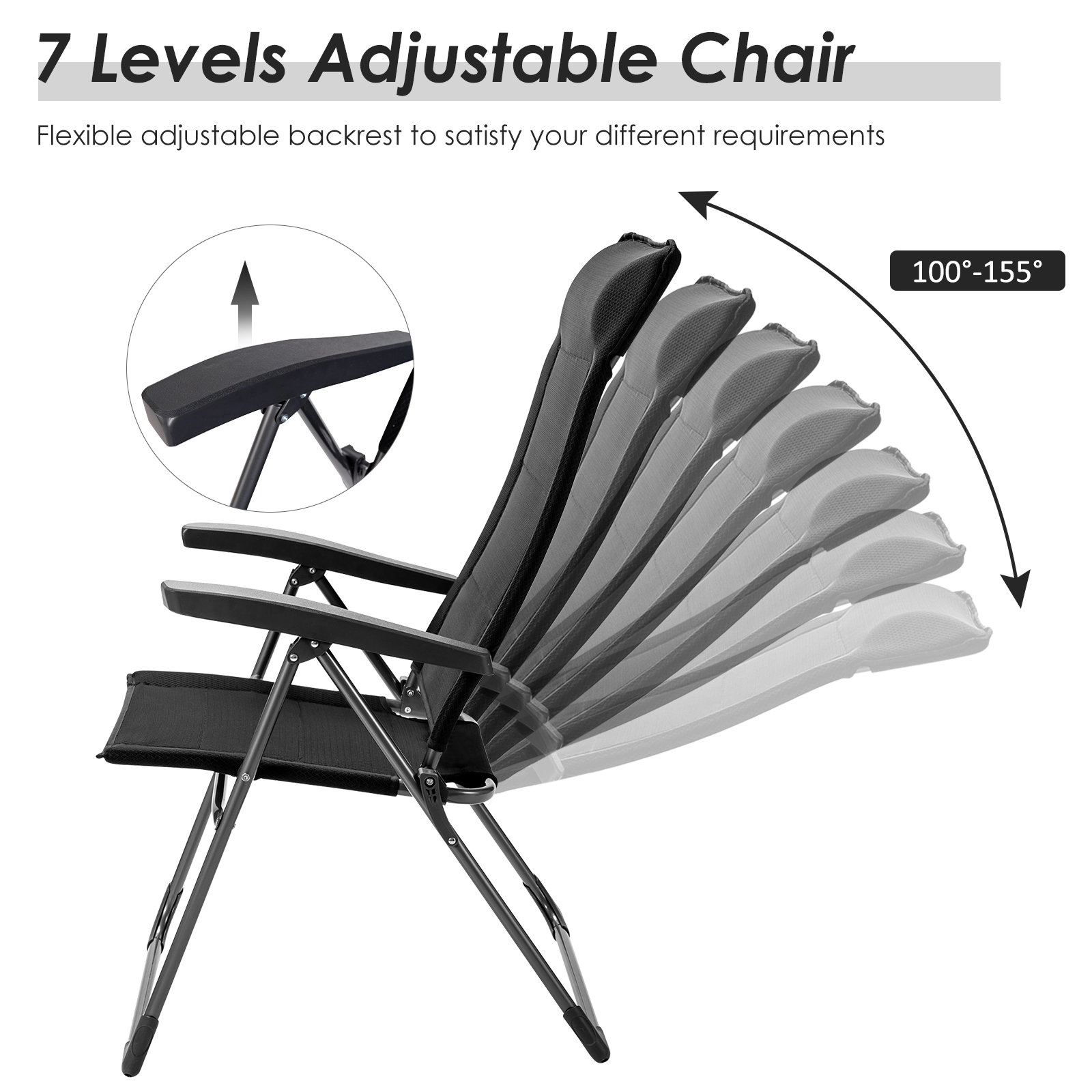 SUGIFT 2-Pc Portable Folding Patio Dining Chairs with Adjustable Backrest 330-Lb Capacity 28-in Chair Height Black