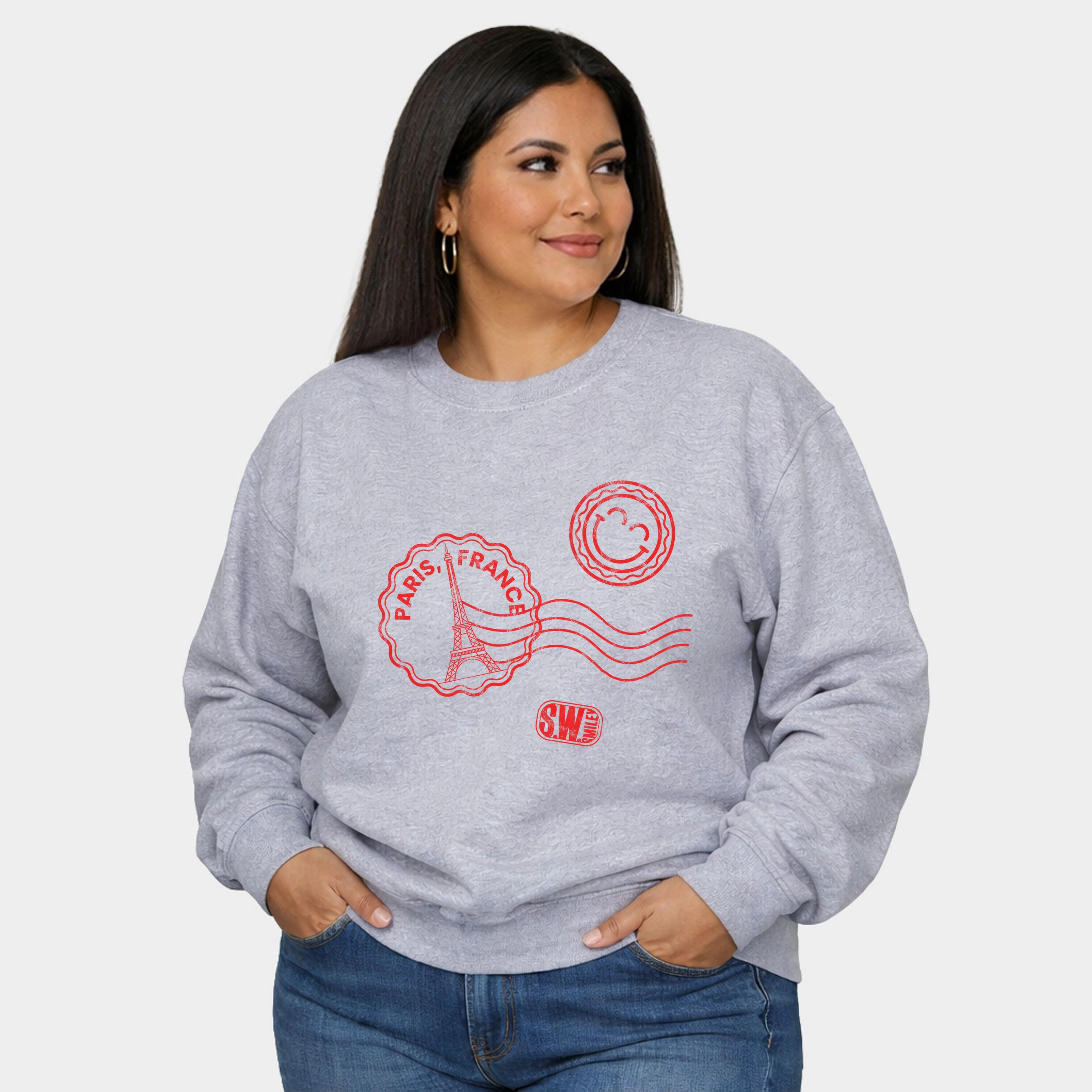 Simply Sage Market - Women's Plus Sweatshirt S.W.Smiley Paris France Stamps
