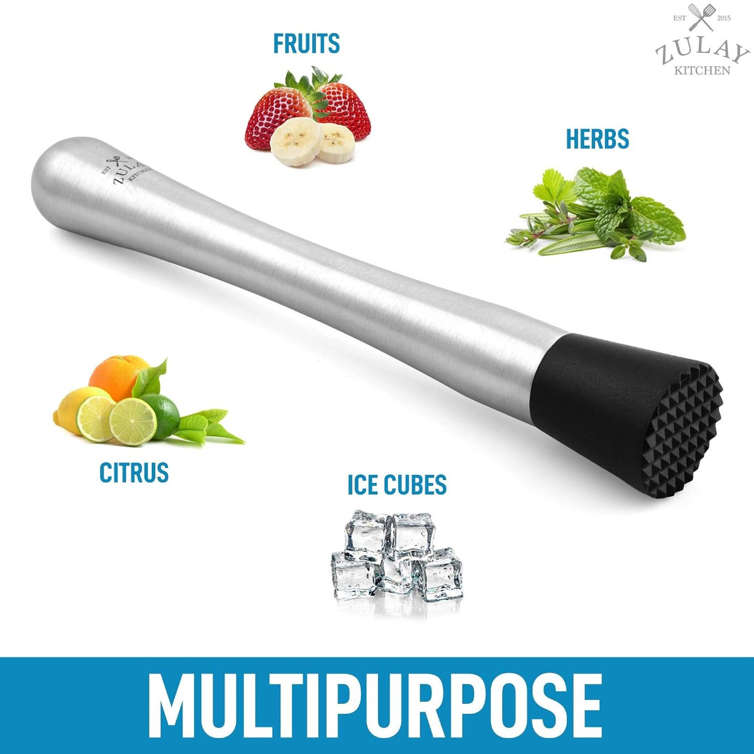 Zulay Kitchen (8 inch) Stainless Steel Muddler for Cocktails - Professional Cocktail Muddler with Grooved Nylon Head