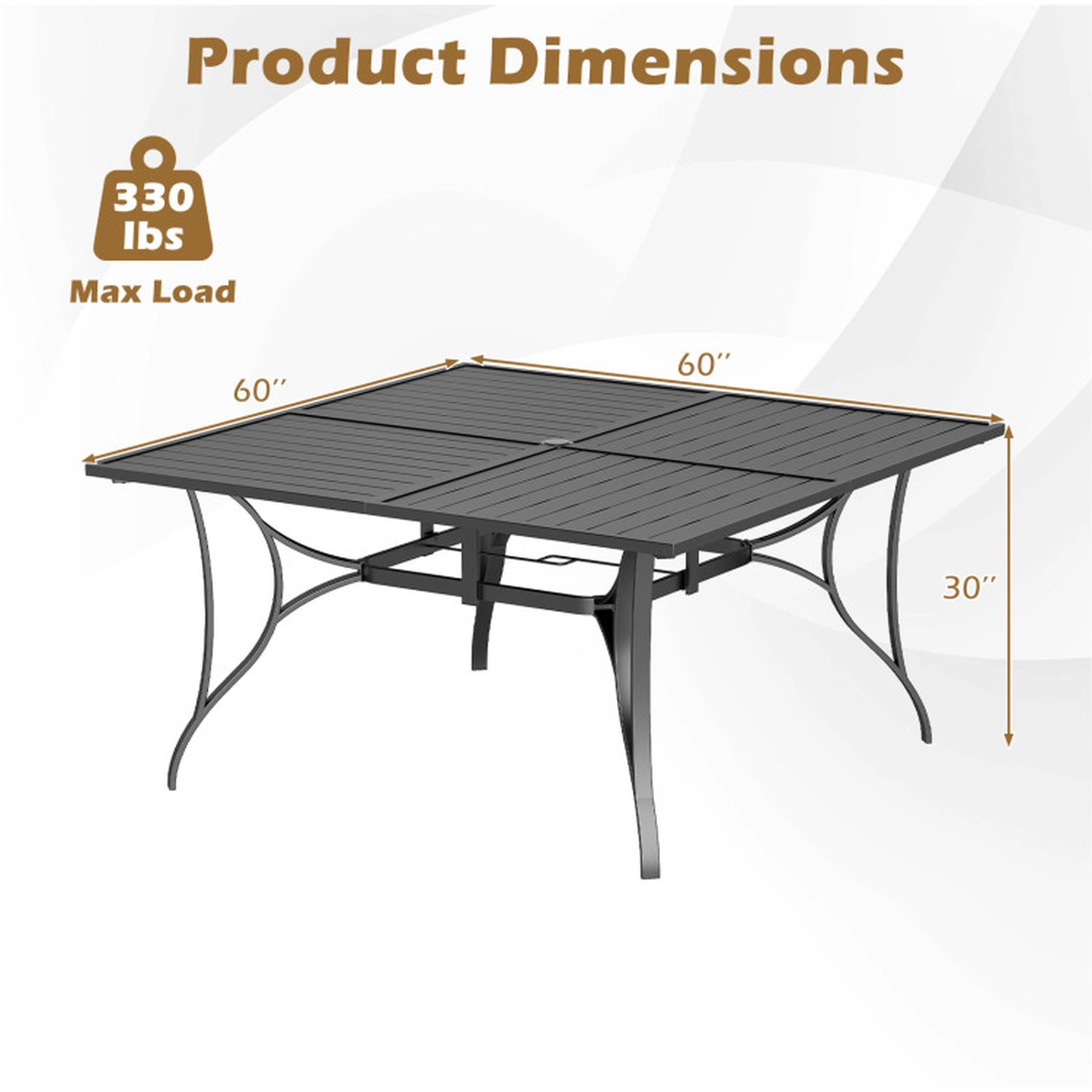 SUGIFT 8-Person Metal Slatted Top Umbrella Hole Square Patio Dining Table 60-in x 60-in x 30-in 330-lb Capacity Black