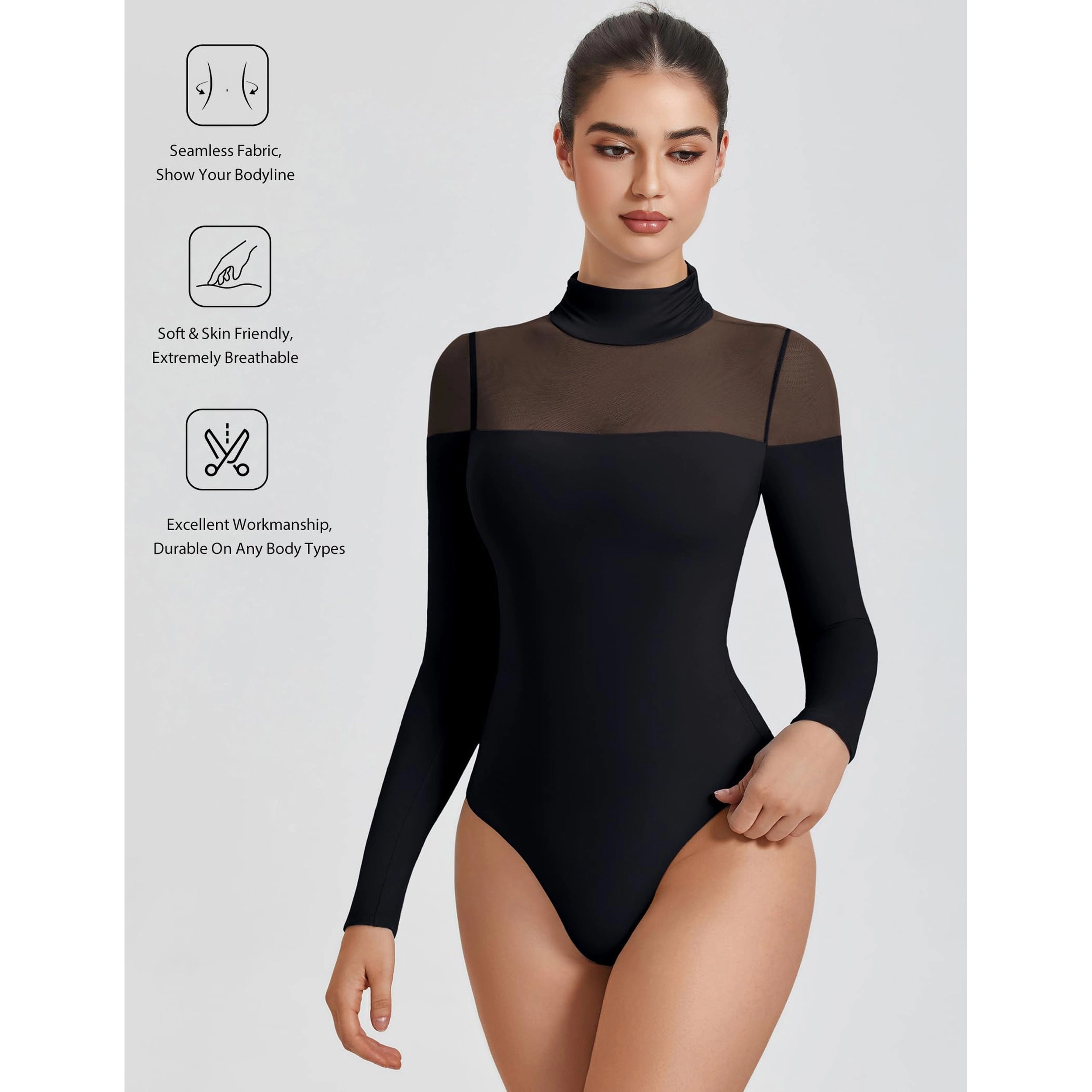 Avidlove Women's Mock Neck Mesh Long Sleeve Dual Snap Thong Bodysuit