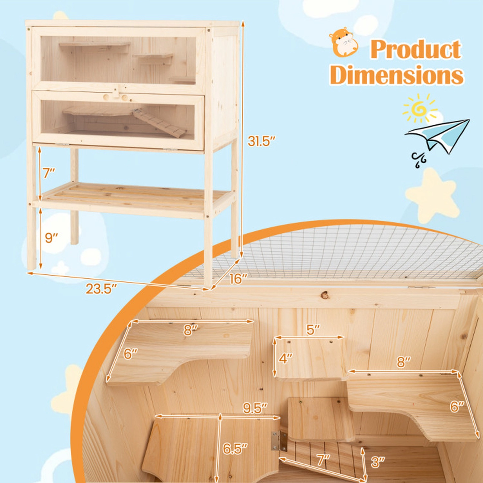 SUGIFT Natural Flip-Up Roof 31.5-in Freestanding Wooden Hamster Cage Small Pet Habitat