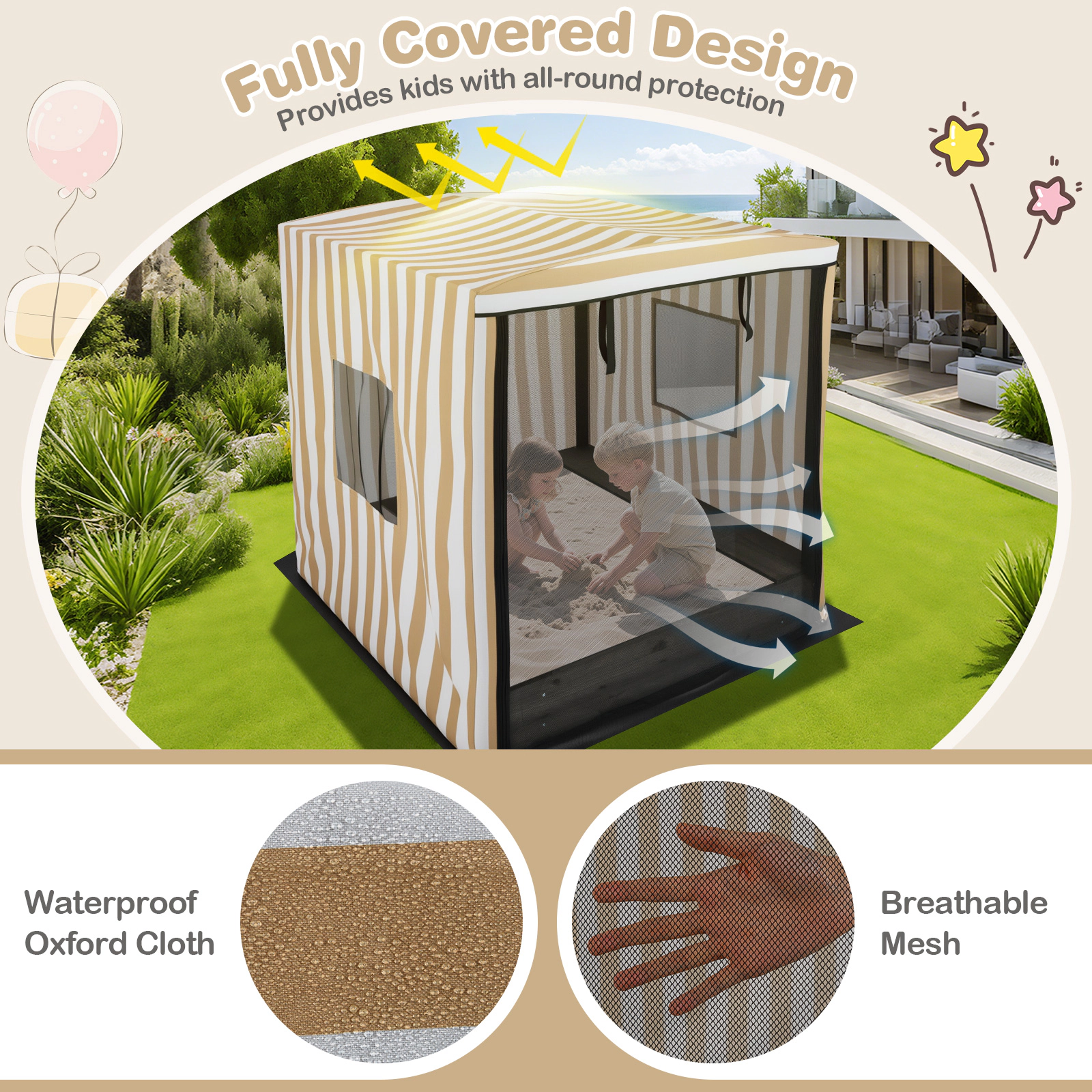 Wooden Sandbox with Canopy 48-in Covered Kids Sand Pit Roll-Up Zip Door Mesh Windows Storage Benches Ages 3+ Brown