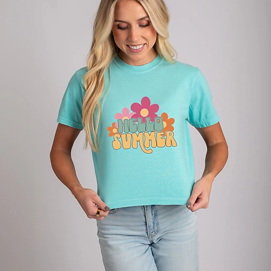 Simply Sage Market - Hello Summer Flowers - Women's Boxy Crop Top Graphic T-Shirt