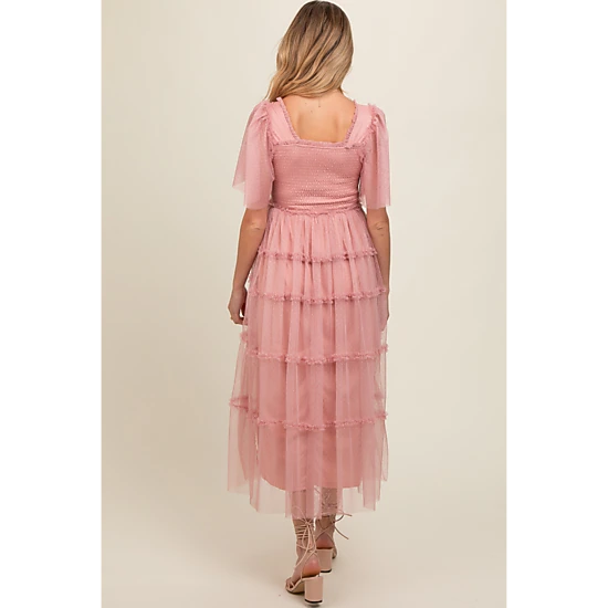 PinkBlush Womens Pink Ruffled Mesh Maternity Maxi Dress