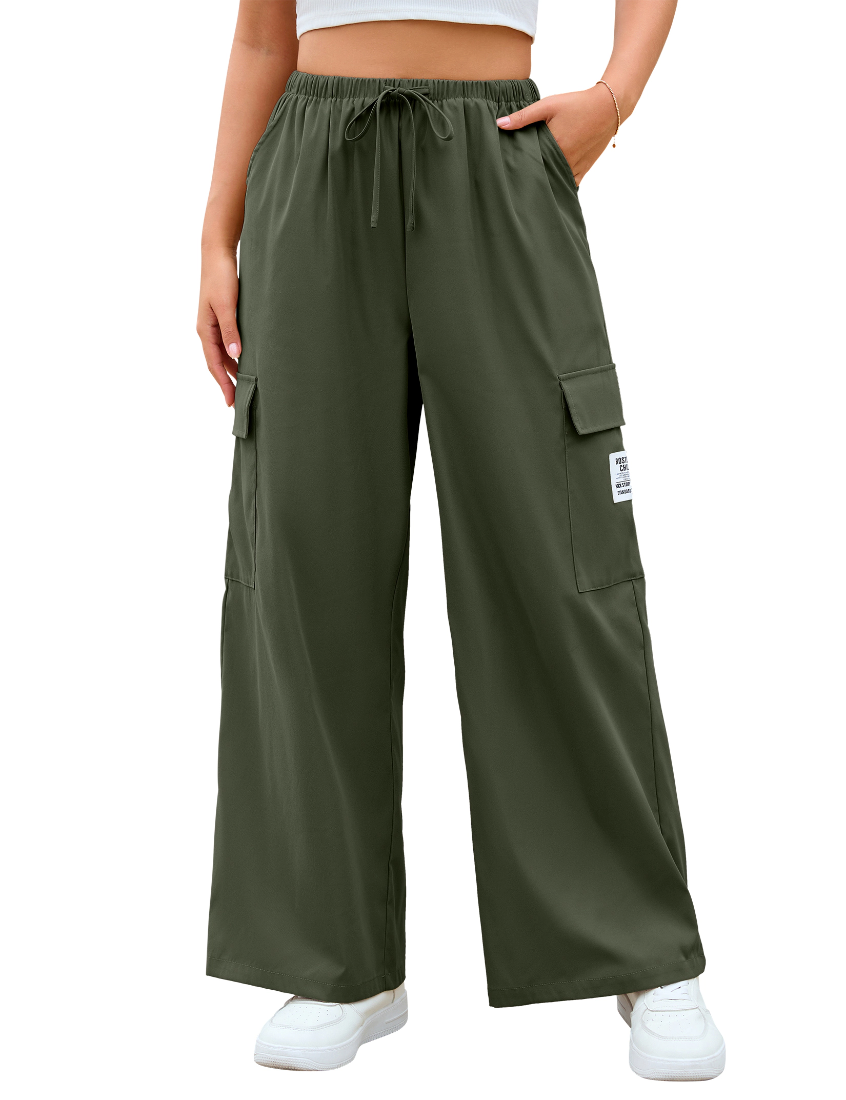 KOJOOIN Women Casual Cargo Palazzo Drawstring Waist Pants Side Pocket Wide Leg Sweatpants