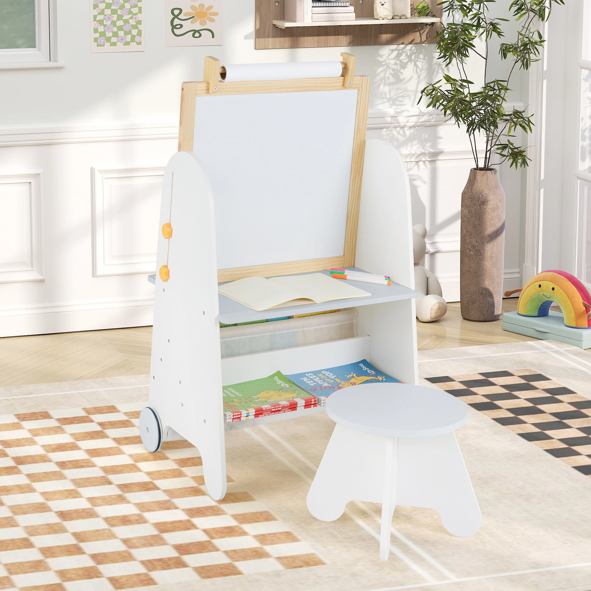 SUGIFT 4-in-1 Toddler Activity Table Easel Set with Magnetic Whiteboard & Chalkboard 165-lb Stool Capacity Ages 3+ Gray