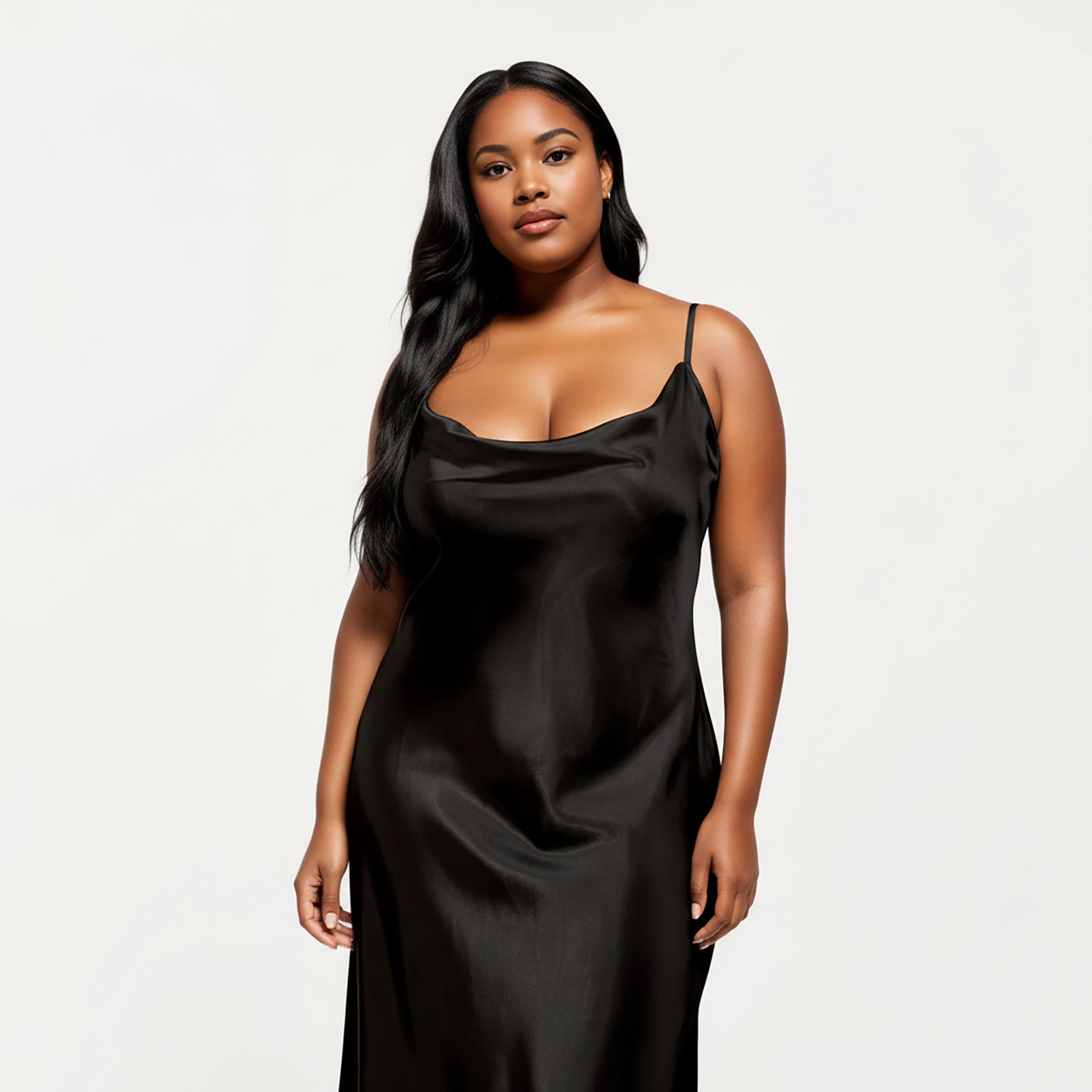 Anna-Kaci Women's Plus Satin Midi Slip Dress with Draped Neckline and Smooth Glossy Fabric