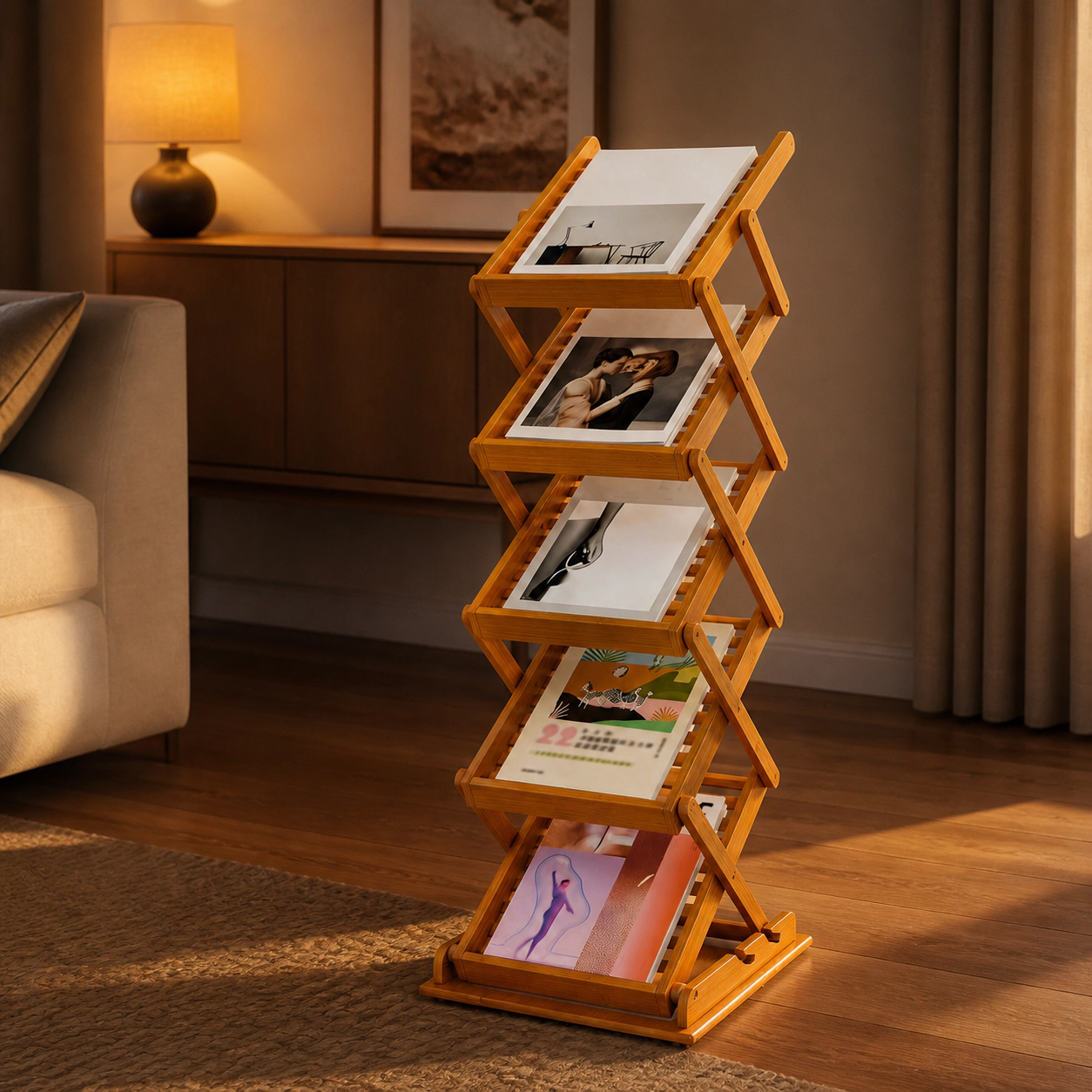 SUGIFT 5-Tier Walnut Foldable Bamboo Magazine Rack Floor Stand with 2 Adjustable Heights and Display Holder