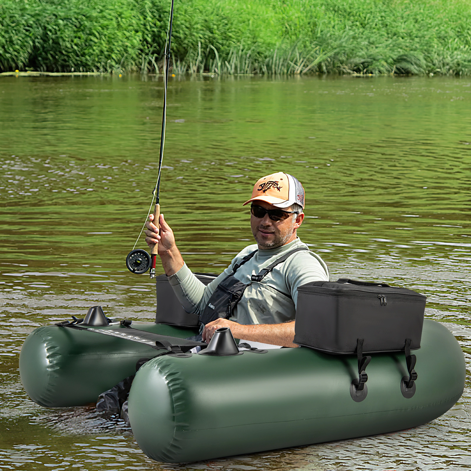 SUGIFT Inflatable Fishing Float Tube, 220 lb Capacity, 3 Air Chambers, Pump and Rod Holder