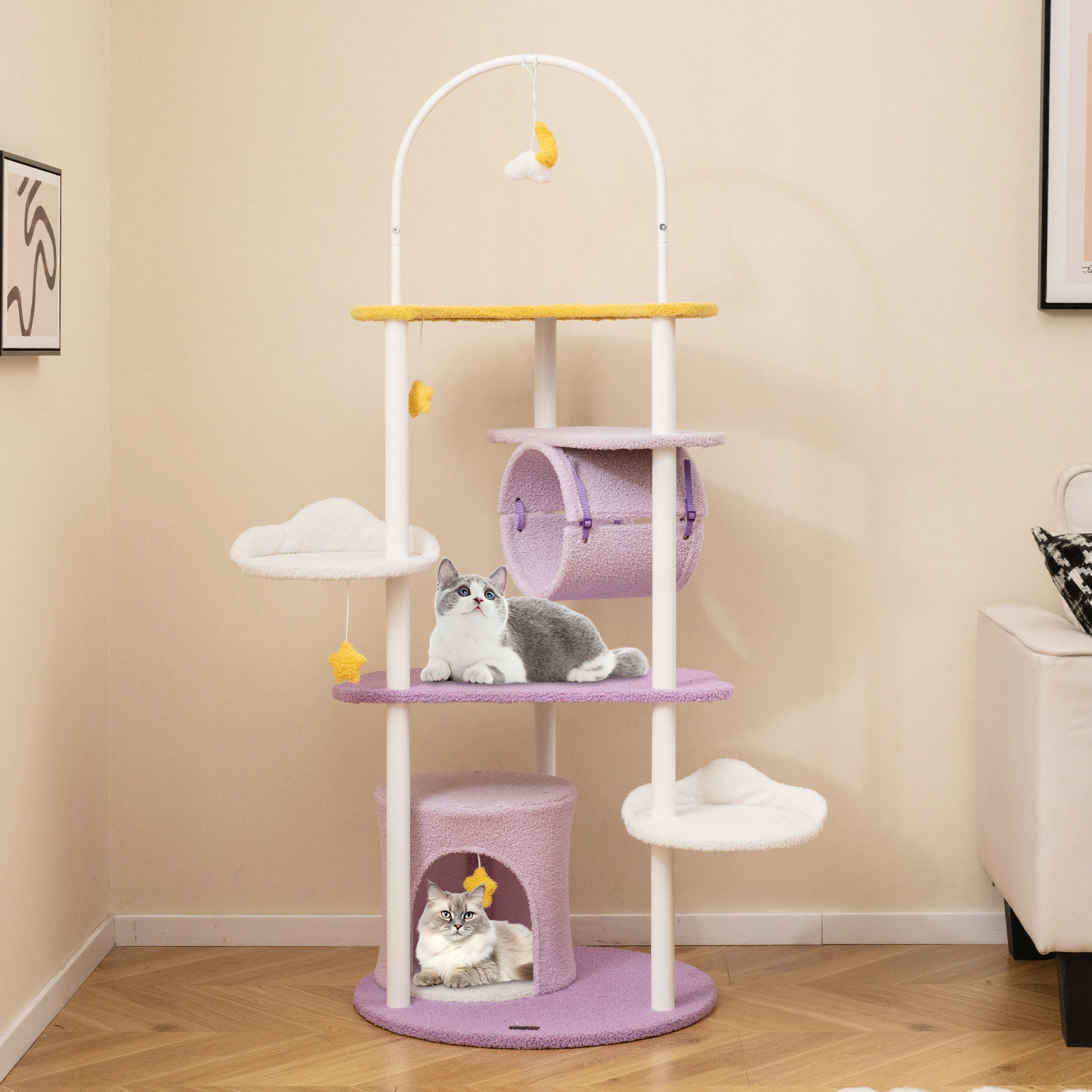 SUGIFT Purple 62 in Large Cat Tower with Metal Frame and Moon-Shaped Platform