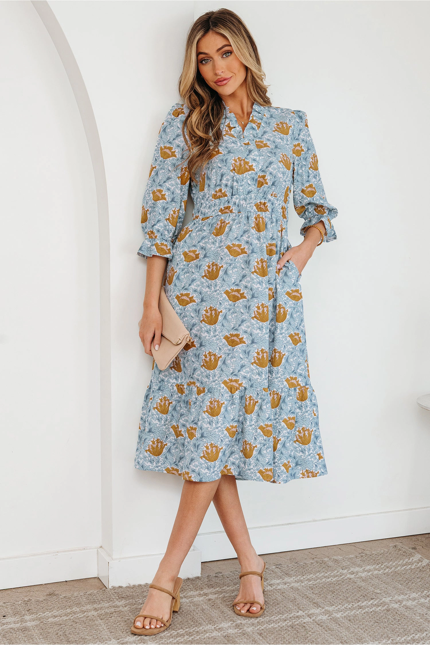 Threaded Pear Womens Rosalee Floral Frilled V-Neck Long Dress - Bracelet Sleeve, Elastic Waist