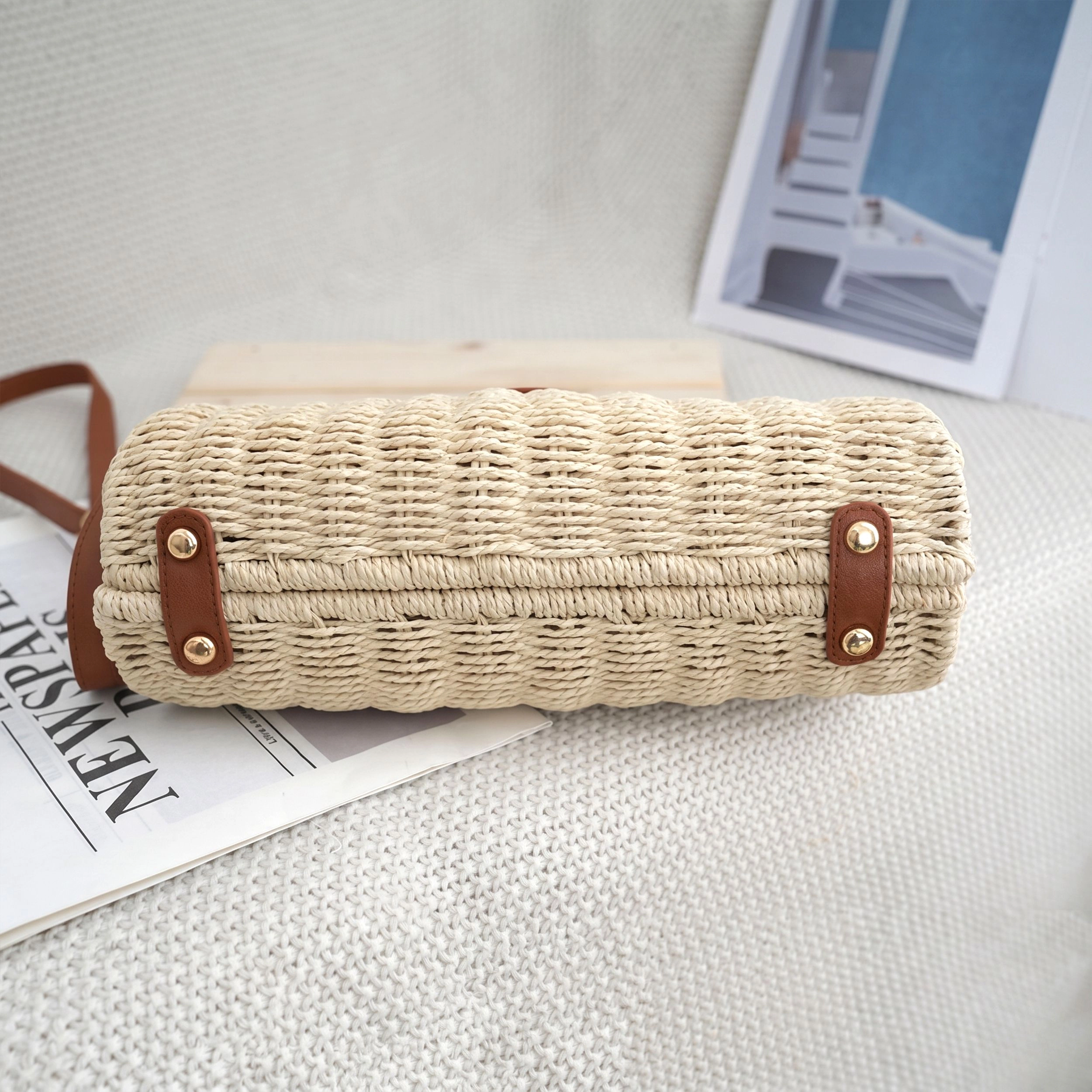 Alilang Women's Woven Straw Crossbody Bag with Top Handle Adjustable Strap Crochet Handbag, Beige