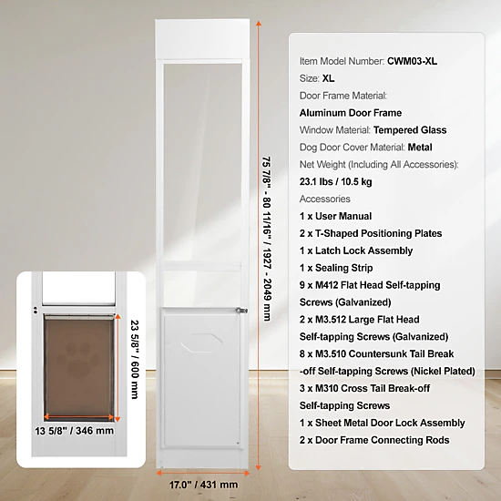 HONGGE Sliding Glass Dog Door for Large Dogs, 13.6x23.6 Inch Flap, Aluminum Frame, Tempered Glass Window, Lock