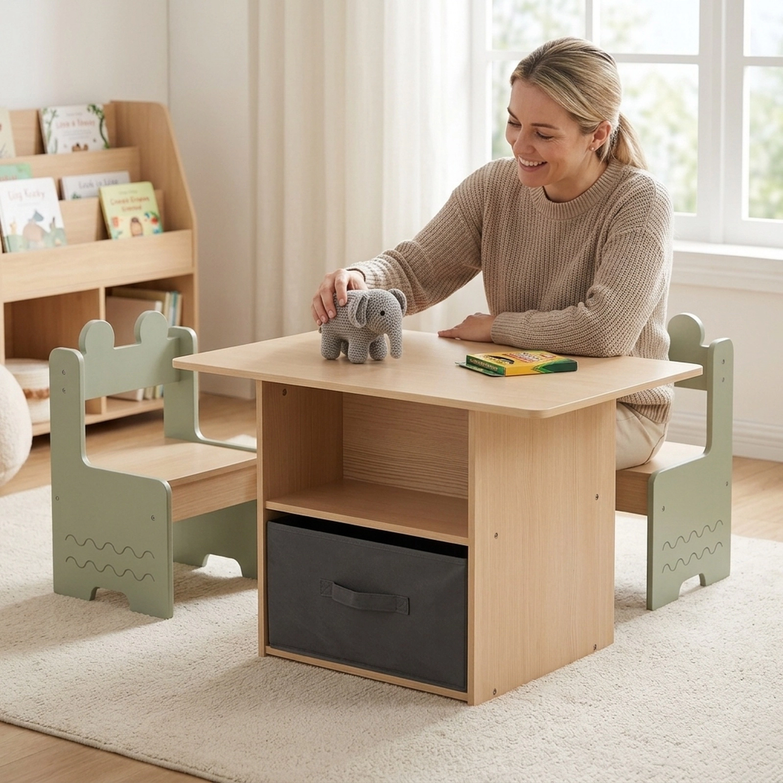 SUGIFT Wooden Kids Table and Chairs Set, 2 Chairs, Storage Compartments and Fabric Drawer, Natural and Green