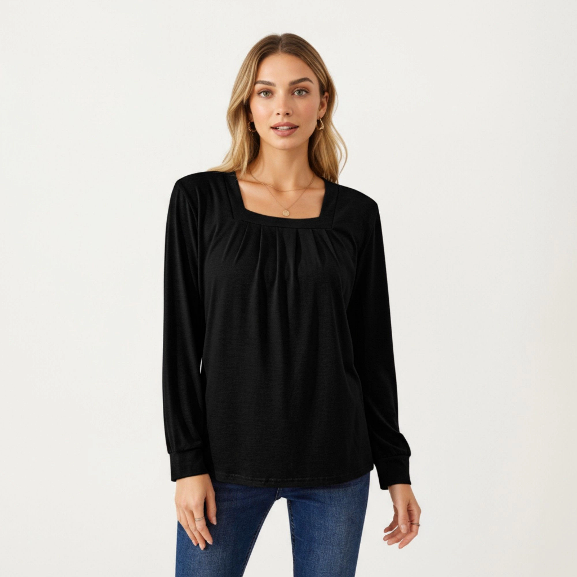 Anna-Kaci Women's Square Neck Front Pleat Relaxed Fit Long Sleeve Top