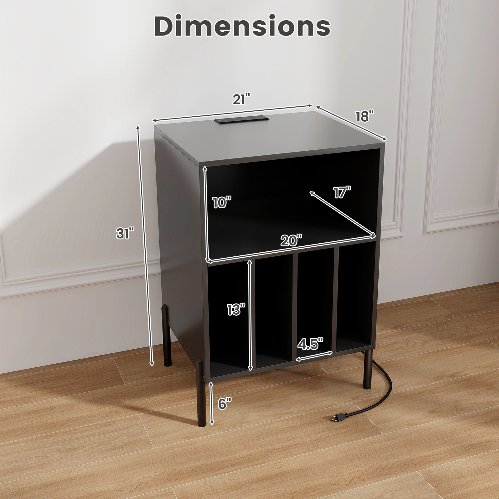 Glintex Record Player Stand with 4 Album Dividers Charging Station and Anti-Tip Kit