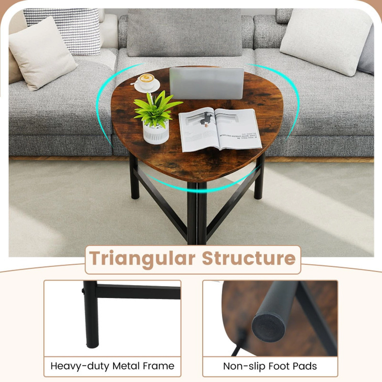 SUGIFT 23.5-in 132-lb Capacity Irregular Triangle Industrial Coffee Table with Metal Legs and Grip Pads