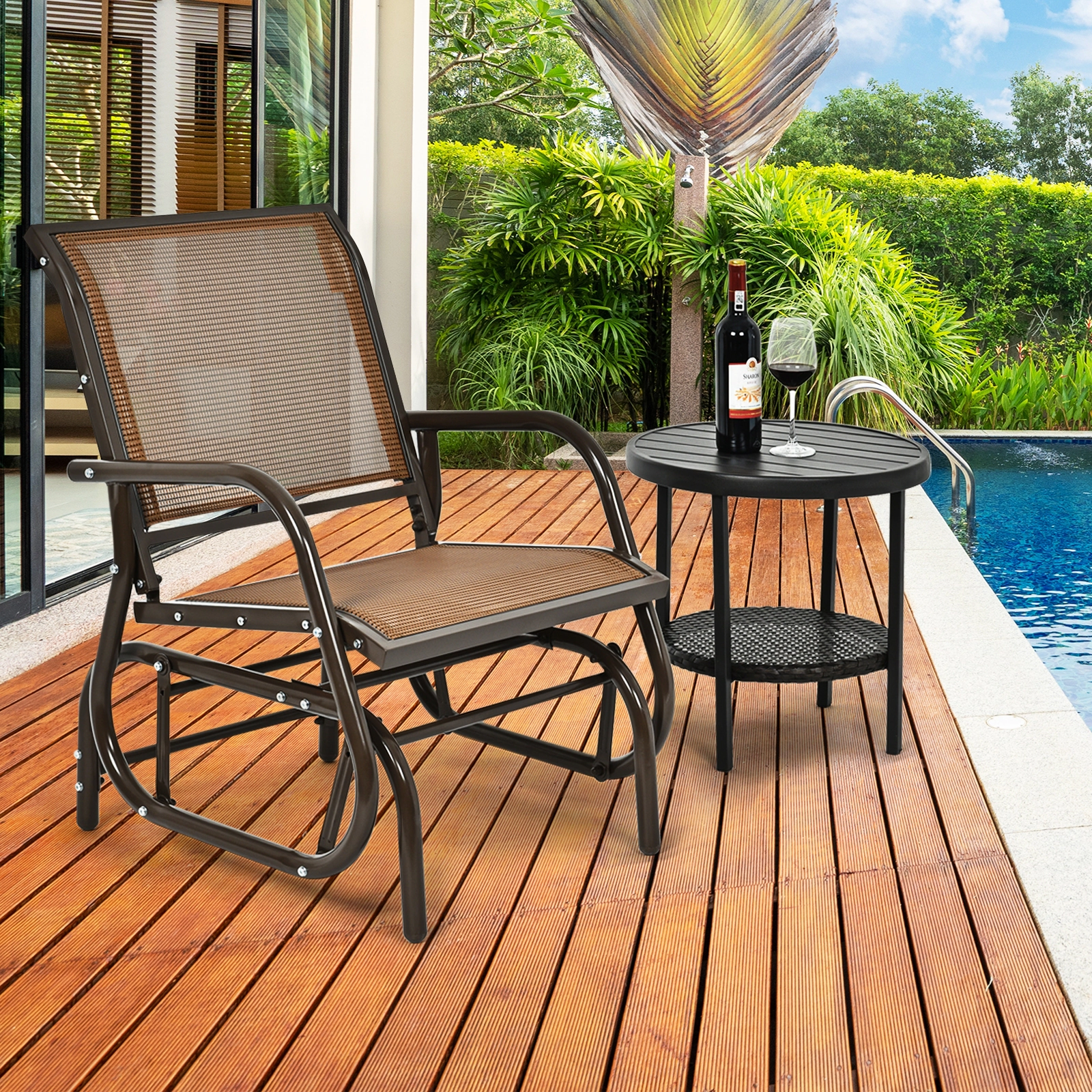 SUGIFT Outdoor Single Swing Glider Rocking Chair Brown with Armrests and Steel Frame