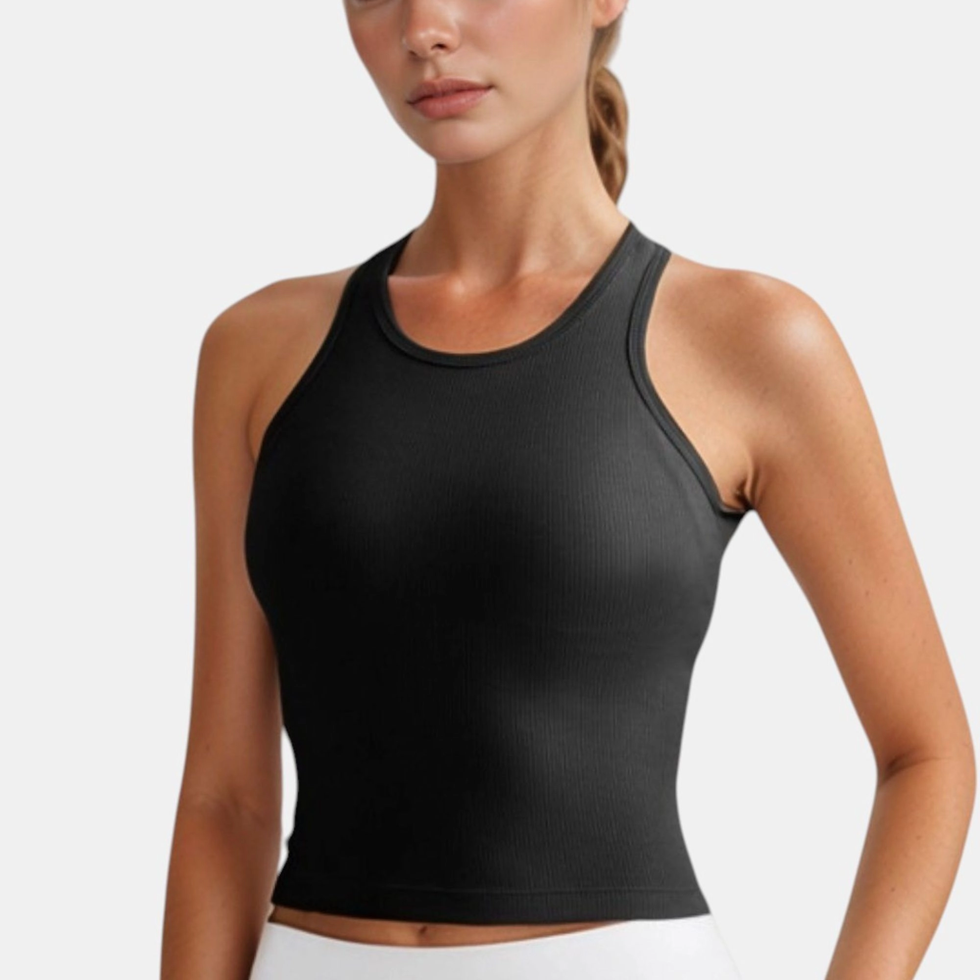 Anna-Kaci Women's Ribbed Black High Neck Crop Tank Top for Active and Casual Wear