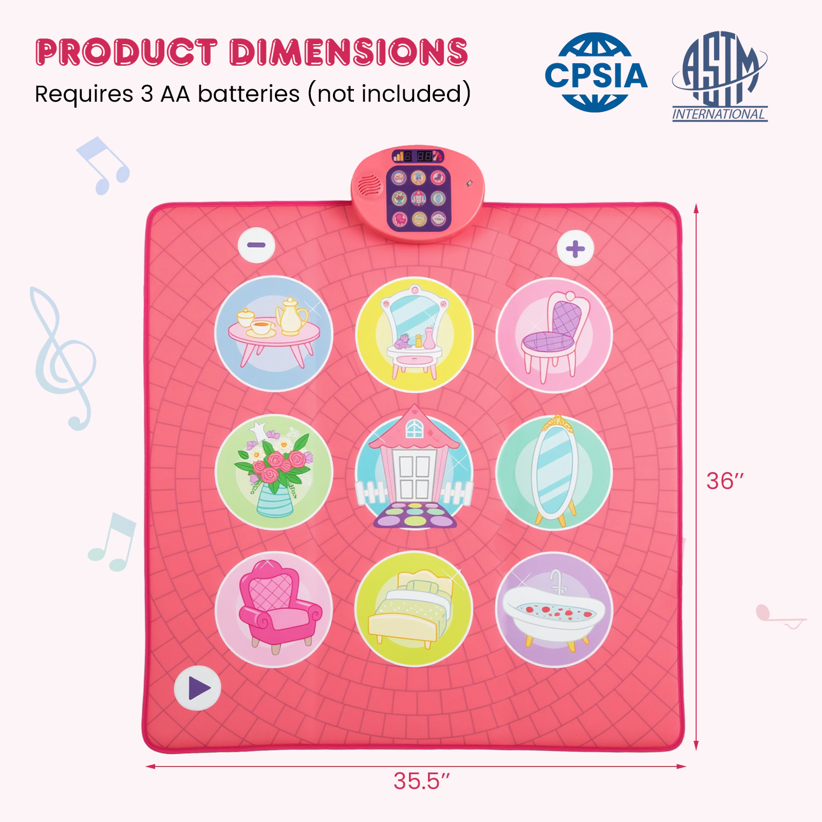 SUGIFT Kids Pink Musical Dance Mat with 5 Game Levels and 9 Demo Songs 36-in W 35.5-in D Ages 3+