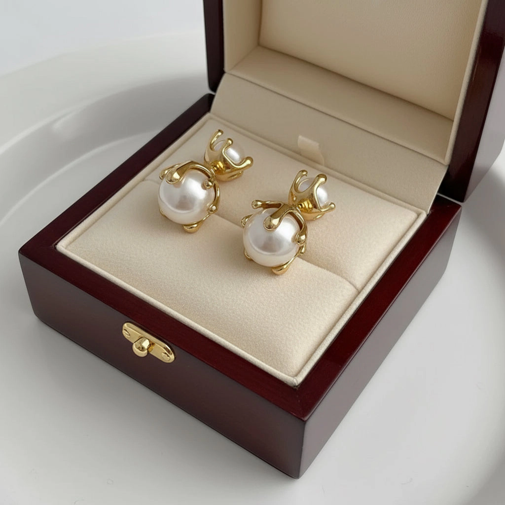 DressAtR Women's Shell Pearl Geometric Stud Earrings
