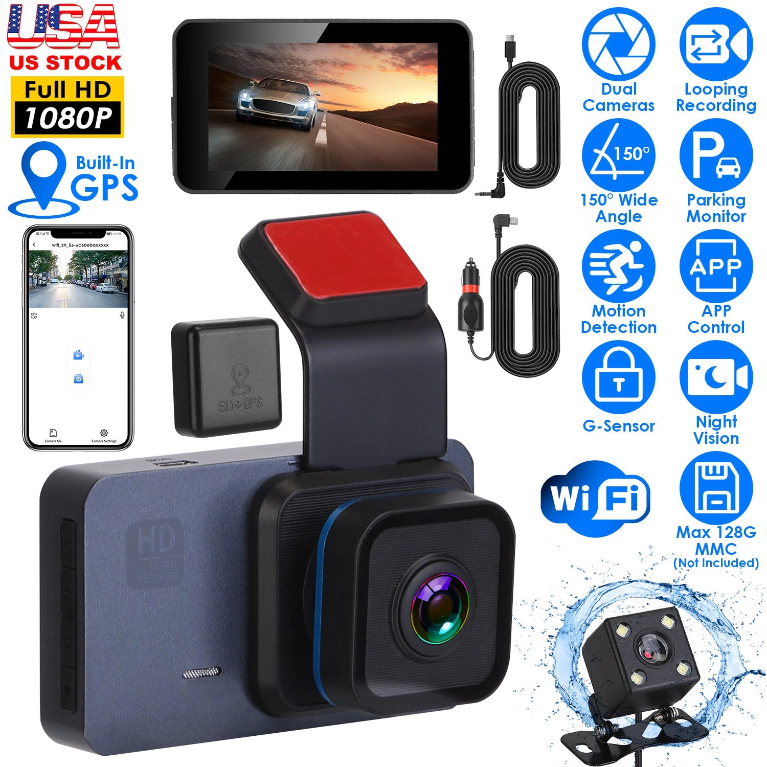 GBruno 1080P Dual Lens Dash Cam With WiFi GPS