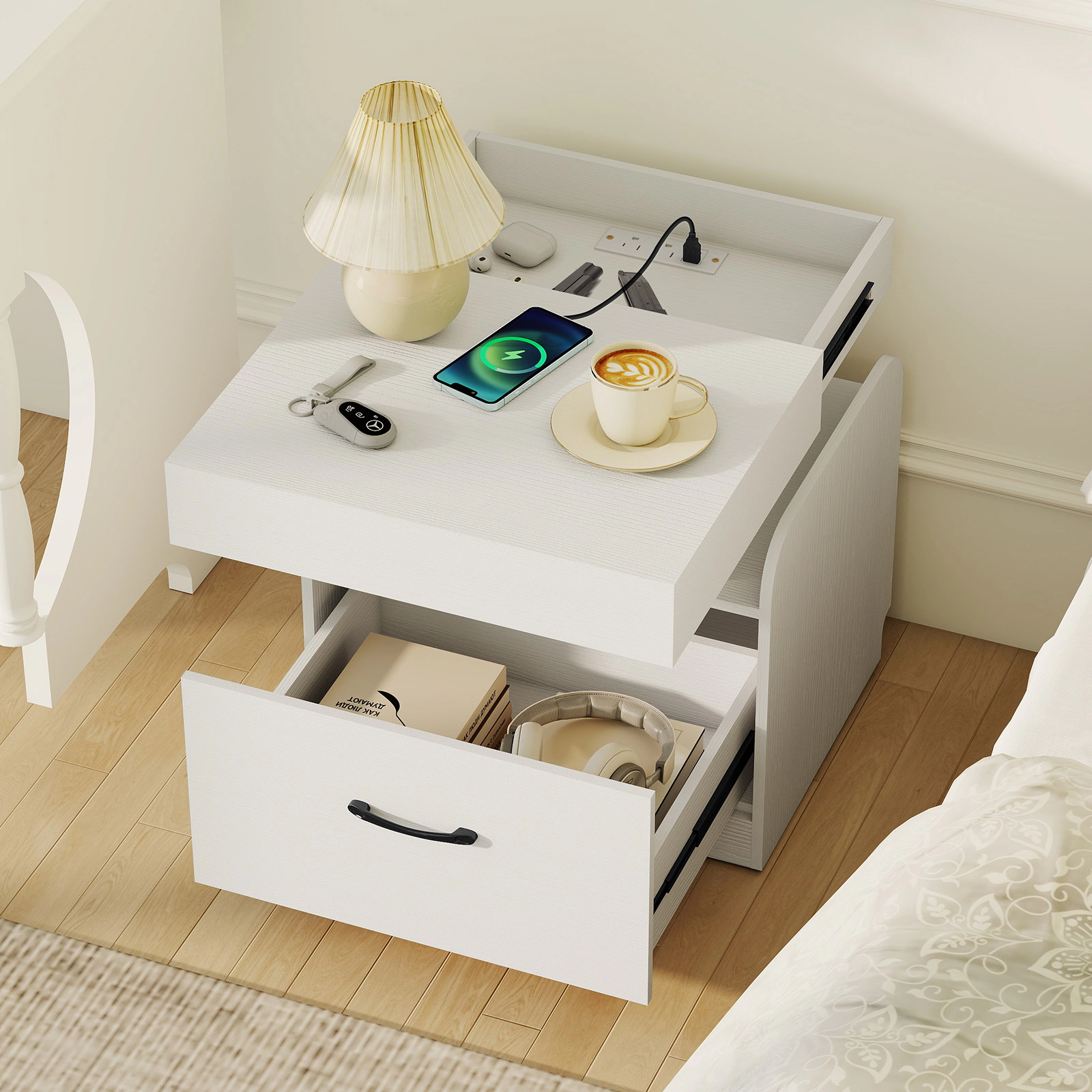 SUGIFT Nightstand with Charging Station Sliding Top Storage 66-lb Tabletop Capacity 3-Compartment Bedside Table White