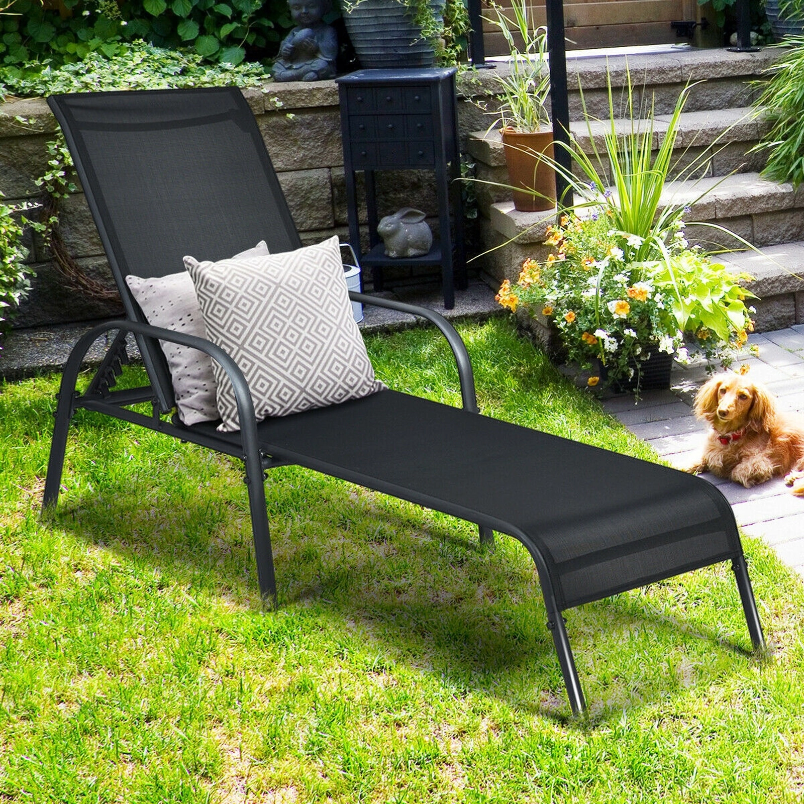 SUGIFT Adjustable Folding Patio Chaise Lounge, 5-Position Backrest, Black