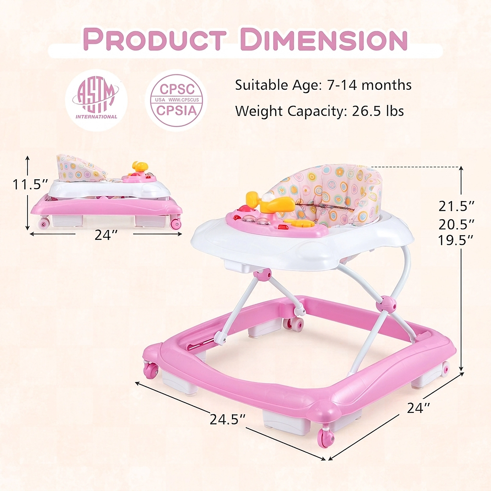 Foldable Baby Walker with 3 Tool-Free Height Settings Music Tray with Lights and Machine-Washable Padded Seat Pink