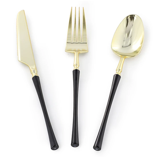 Elama 150 Piece Disposable Plastic Dinnerware Party Set for 25 Guests in Black with Gold Trim