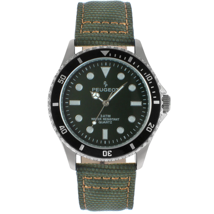 Peugeot Men's 42mm Sport Bezel Watch with Khaki Green Dial and Canvas Strap