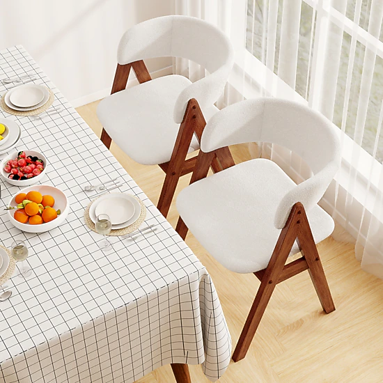LJG Wooden Dining Chair Set of 2 Mid-Century Modern Sherpa Upholstered Kitchen Dining Room Chairs
