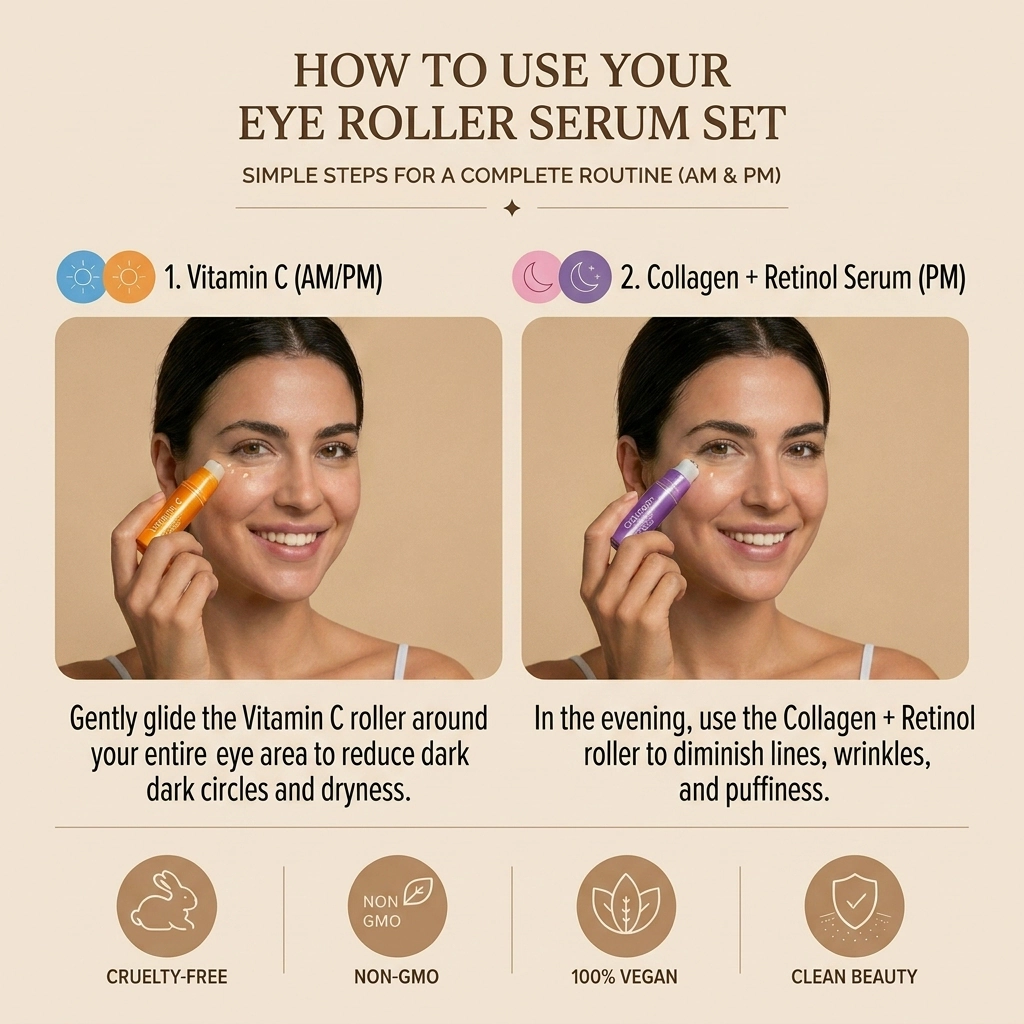 Lovery Korean Skincare Eye Roller Serum Duo - Collagen + Retinol & Vitamin C Brightening  Under Eye Treatment Set