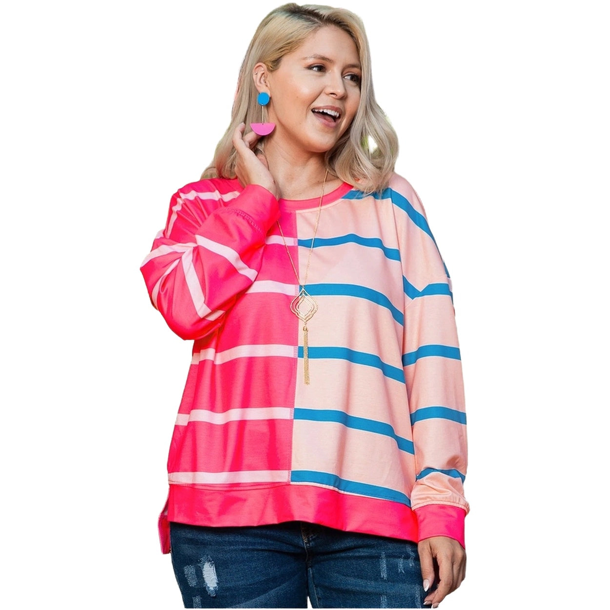 Sol Living Womens Stripe Color Block Crewneck Long Sleeve Plus T Shirt