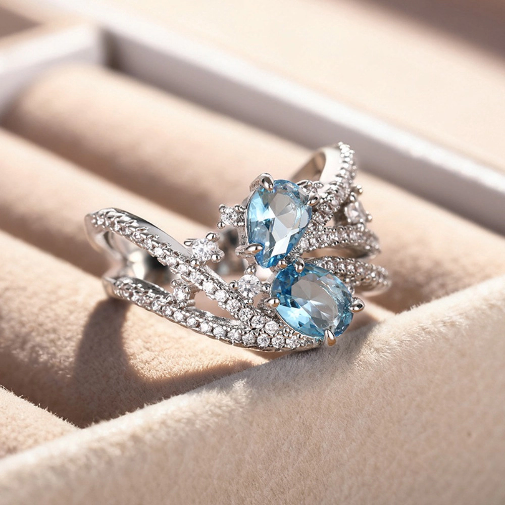 Oval Blue Cubic Zirconia Crossover Statement Ring Twisted Pave Band Cocktail Ring