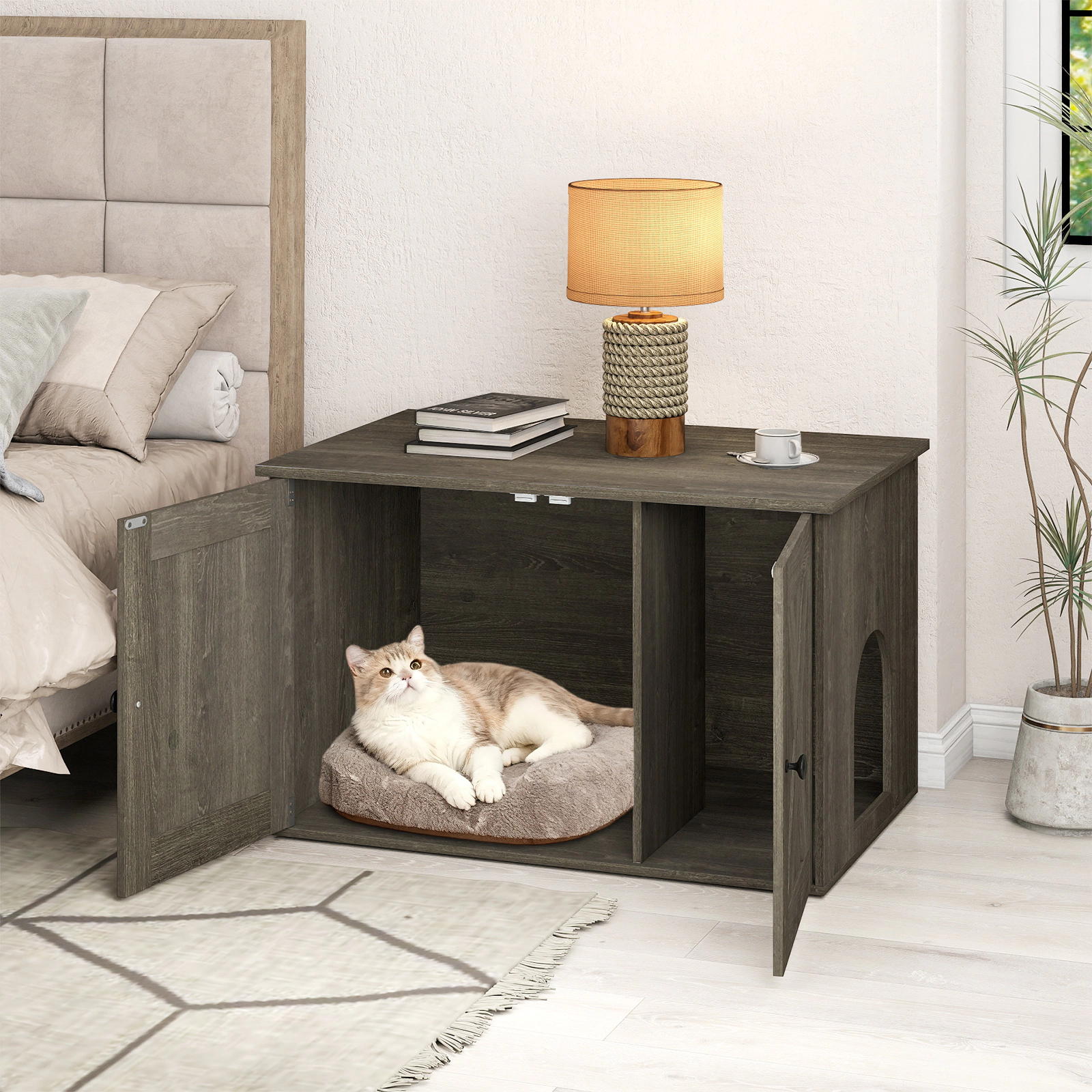 SUGIFT 31.5 x 20-in 66-lb Capacity Oak Hidden Cat Litter Box Enclosure Furniture with Divider and Dual Doors